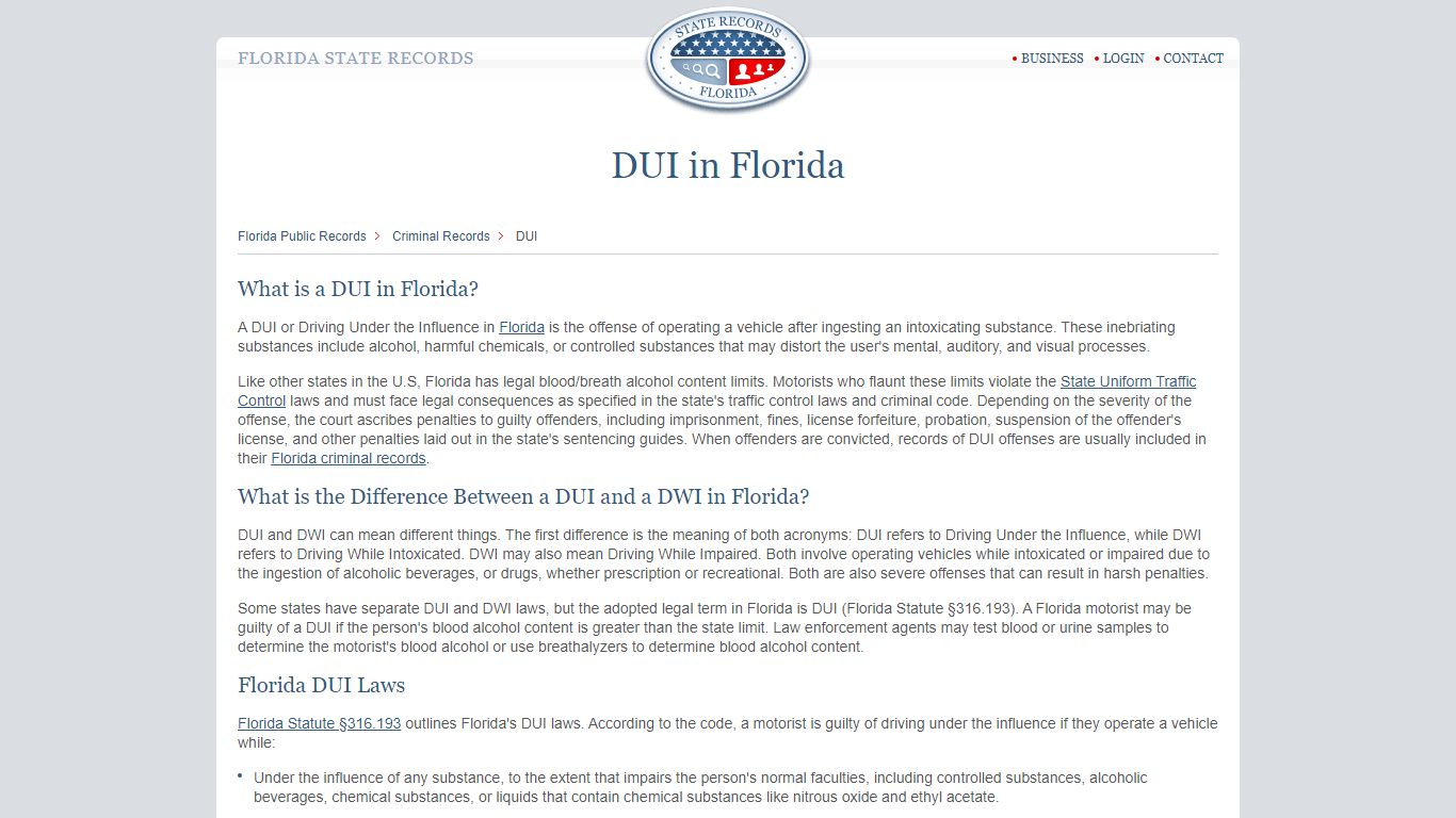 DUI in Florida | StateRecords.org